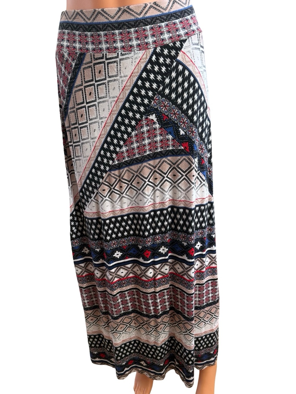 Printed Geometric Maxi Skirt in Navy, Red & White